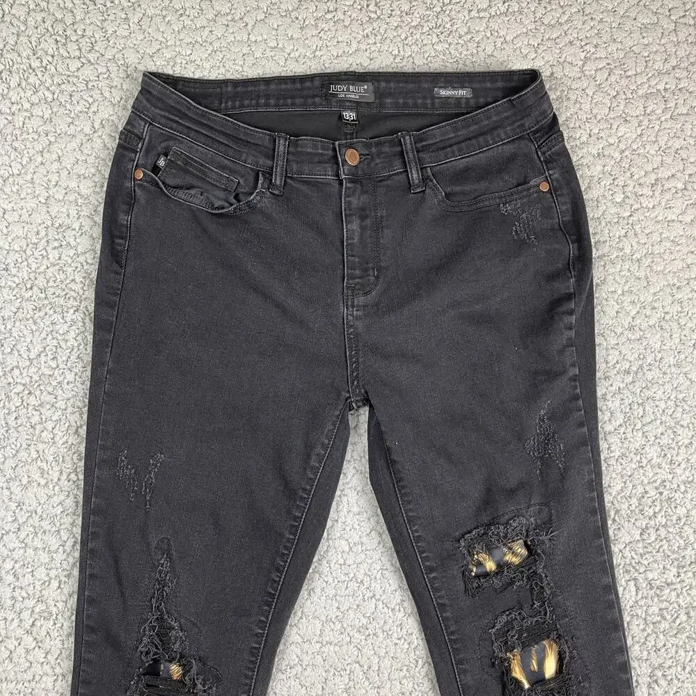 Judy Blue Skinny Fit Jeans 13/31 Mid Rise Destroyed Leopard Patch Denim Black